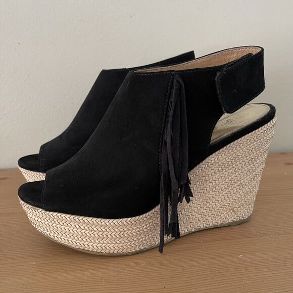 Report Boho Wedge Sandals Womens 9 Utility Espadrilles Black Suede Fringe Shoes - Picture 2 of 12